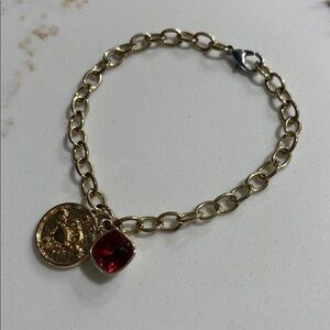 Gold Chain Bracelet with Cancer Charm and Cancer Stone Red Ruby Charm